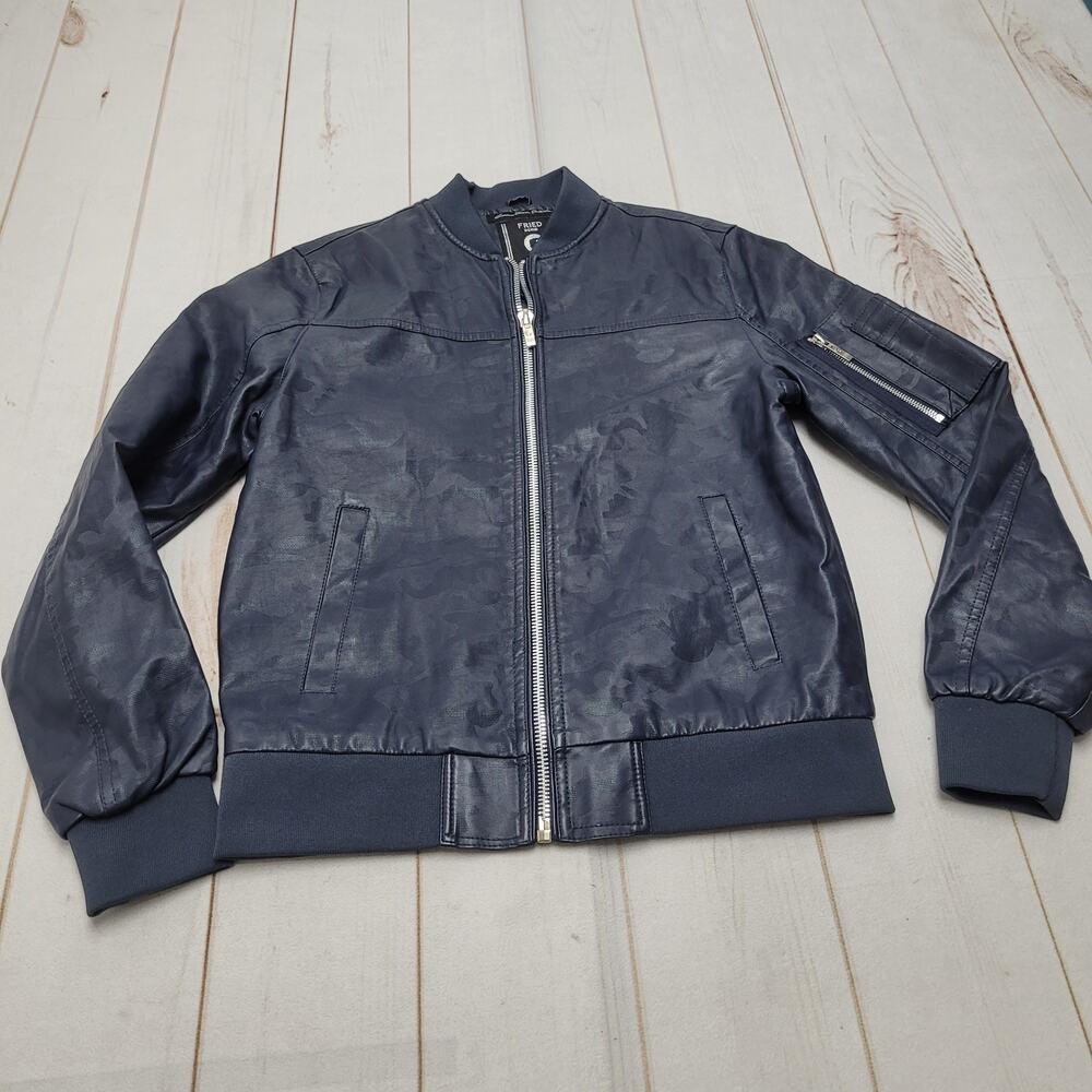 Fried denim blue camo faux leather bomber jacket streetwear moto